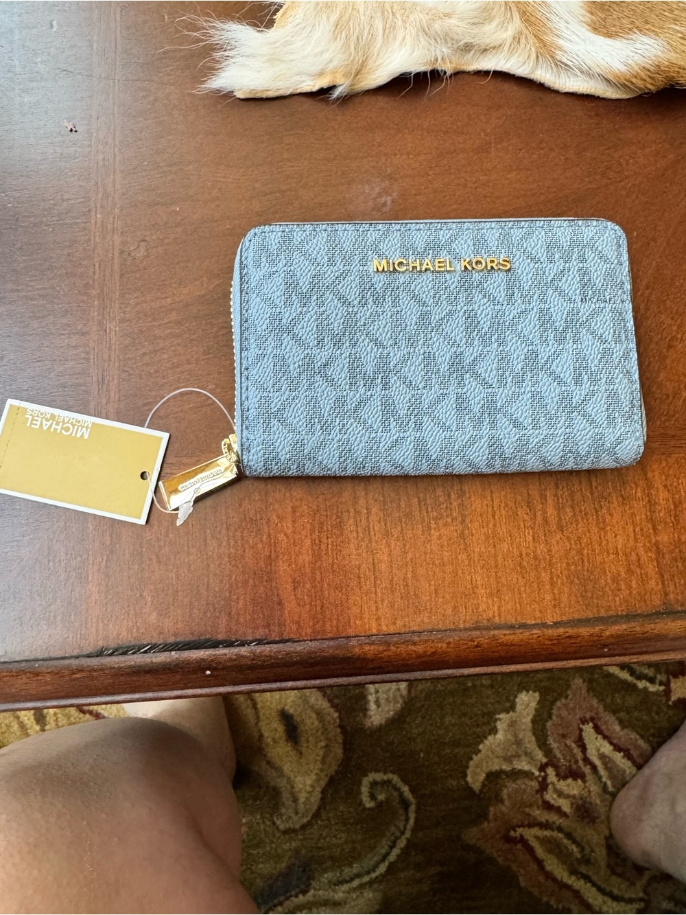 Michael Kors Light Gray Zip Around Card Holder with Gold Hardware